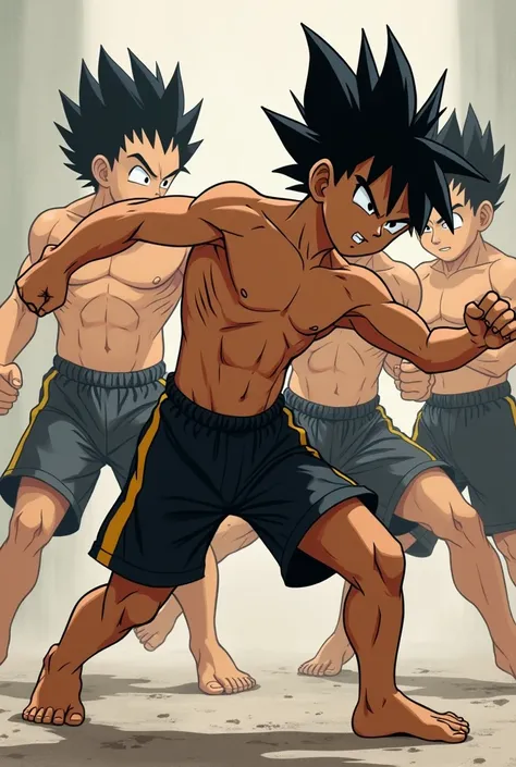 A boy (s) wearing black ufc shorts with gold line,  barefoot and shirtless,  brown skin , muscular but thin, Same animation style as the original Dragon Ball Z show 