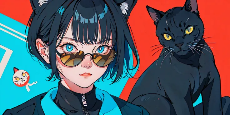 Stylish pop illustration of a black cat wearing a dark blue jacket with zipper and large red sunglasses. The cat has a confident, slightly arrogant expression, slightly off-center on the left, facing three-quarters toward the viewer, with its head turned s...