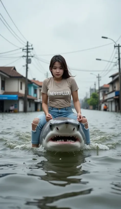 A age Indonesian girl with a HAIR ponytail, wearing a TIGHT CLOTHES with "NEXTFLUX" in white cream letters and RIPPED JEANS, barefoot, rides a HUGE shark through floodwaters exceeding house roofs in Jakarta. Cinematic surrealism, frosty courtyard, Discover...