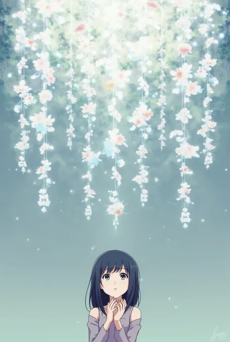 From the anime Yubisaki to Renren, the character Itsoe Yuuki looks up from her hands at the hanging flowers that appeared in the anime.