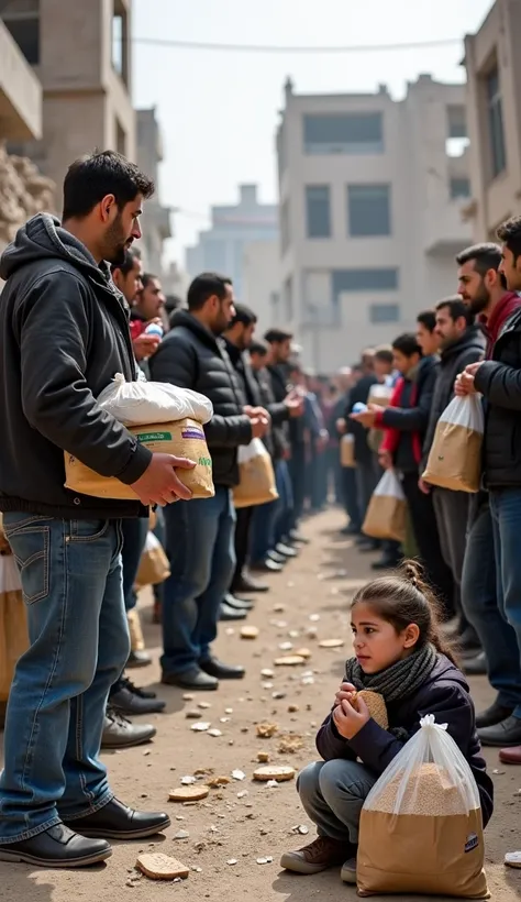 "A group of Palestinian civilians is seen standing in a long line, waiting for humanitarian aid distribution. A kind-hearted man stands in the center, handing out food supplies to those in need. His hands hold a bag of flour and a box of food as he gives t...