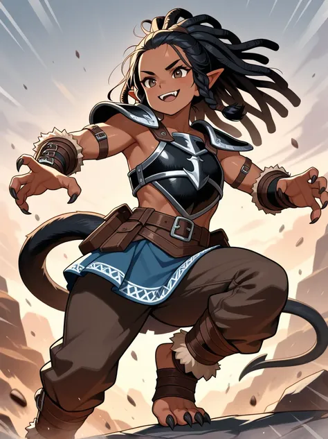 beautiful dwarf girl, solo female, dwarf DND female, action pose, highly detailed hands, black hair, dreadlocks, black skin, african woman, long braid, tough, barbarian warrior, savage warrior, barbarian woman, hazel eyes, flat chest, muscled, athletic, ar...