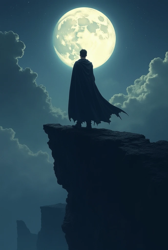 Create a man with a flying cape he wears a stripe anime 2D black cover and his arm is crossed dark scenery he is on top Create a man with a flying cape he has a back anime 2d black cover and has his arms crossed dark scenery he is on top of a cliff during ...