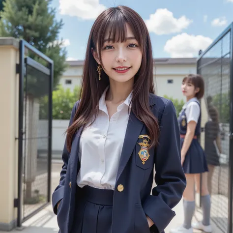 (((((  high school girl、 blazer uniform)))))、whole body、smile、(  long dark hair：1.5), School gate、Clear skies、 shirt、 (Big Breasts:1.7) 、 miniskirt 、 looking at the camera