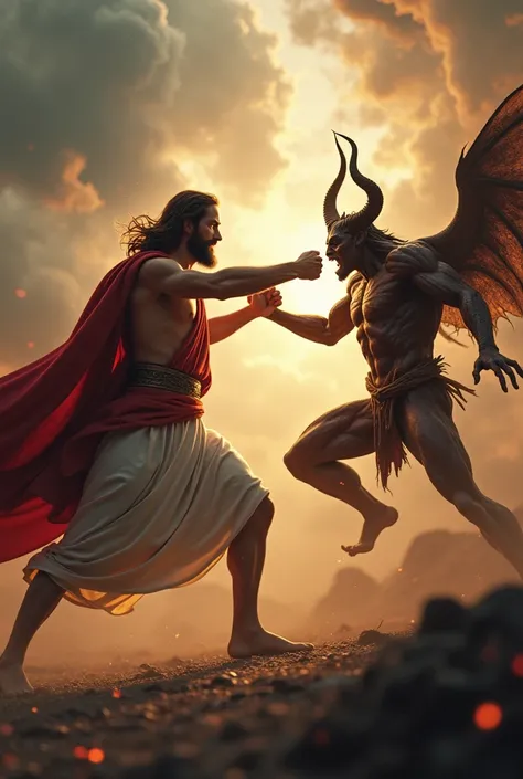 Make an image of Jesus Christ punching Satan 