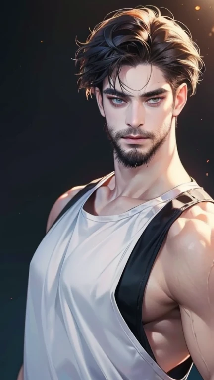 (  thong,4K,8k, highres, masterpiece:1.2), ultra-detailed,(realistic,photorealistic,photo-realistic:1.37),36-year-old man,3 day beard,Cute anime ,Portraits,strong,Masculine, dark hair,sharp jaw,  mesmerizing eyes  , perfectly combed hair, cool anime outfit...