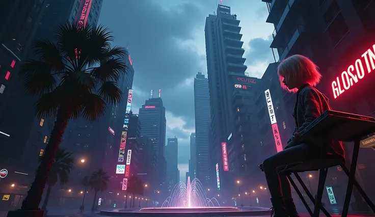 Landscape Rendering 8K ,  Cyberpunk,  beautiful blonde girl,  short-haired pixie , plays the synthesizer,  against the city at night , against the background of a fountain, , dressed like an indie, grunge, Rock star ,  the sky is covered with colorful clou...