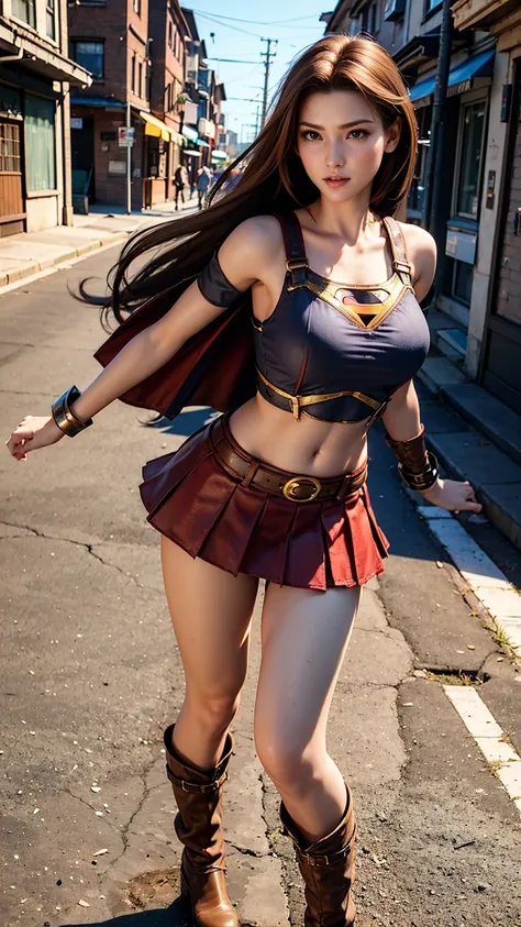   1 girl，big tit female body set ，  Supergirl Costume Dress，redskirt、redminiskirt、Cutting clothes，close，  Off Shoulder Outfit，Charming，  perfect body，street，belly button，Abdominal vest line，Brown Hair、Long Hair、Long Hair、  Sexy Poses