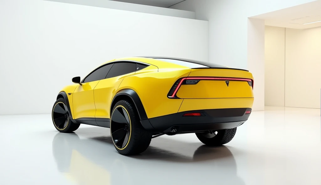 A captivating and futuristic image of the 2025 [Tesla model Y] Small Pickup TrucK takes center stage in a 
 white showroom. The car is painted in a striking vibrant [yellow]  hue, showcasing it's [back side] aerodynamic design with bold accents that highli...