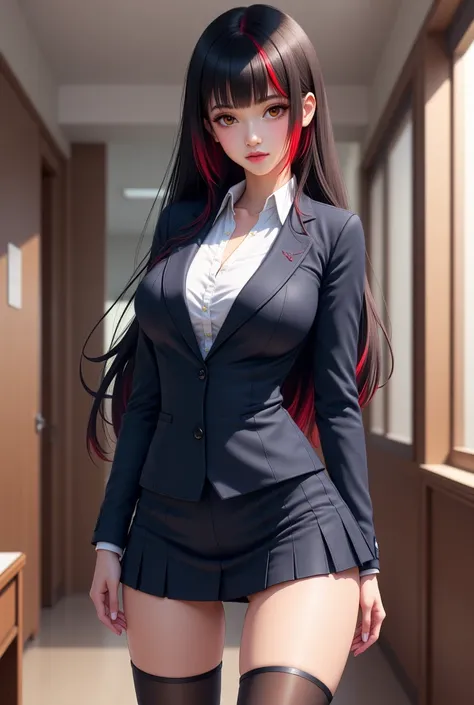 18 year old, petite, long black hair with red highlights, wearing long sleeve school uniform with pleated skirt, thigh high stockings