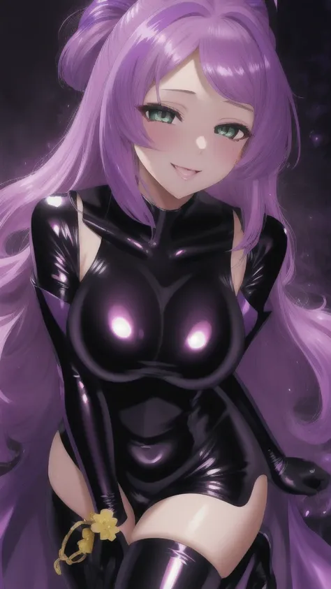   erotic、Mimosa、 Shiny Hair、Big Breasts,  alone、black sequin rubber suit, Purple Wicked Background 、  highest quality,  detailed face,  detailed eyes ,  Hi-Res, smile、 dye her cheeks red、 Sexy Poses 、lure、Estrus、Open your mouth slightly、adult、 cute、 is so ...