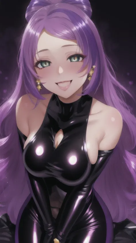   erotic、Mimosa、 Shiny Hair、Big Breasts,  alone、black sequin rubber suit, Purple Wicked Background 、  highest quality,  detailed face,  detailed eyes ,  Hi-Res, smile、 dye her cheeks red、 Sexy Poses 、lure、Estrus、Open your mouth slightly、adult、 cute、 is so ...