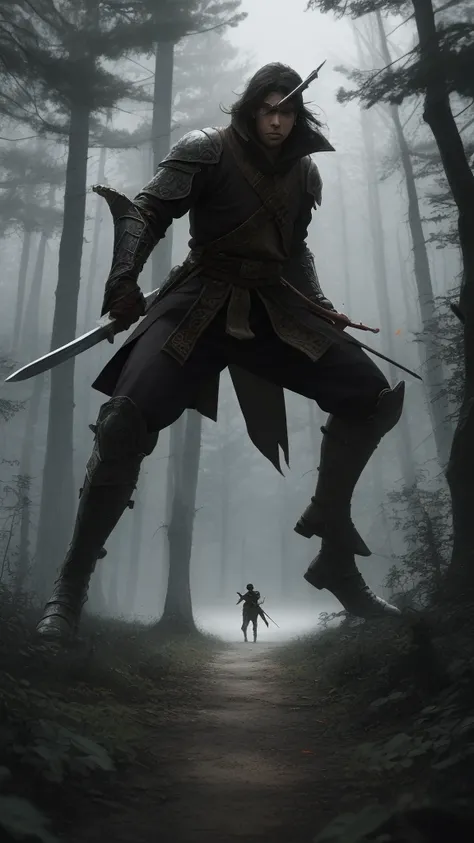 " Create an epic battle image between a swordsman with Ajian Rawa Rontek and his enemy,  where the swordsman's body begins to fuse back together after being wounded , against the background of a dark forest full of fog .