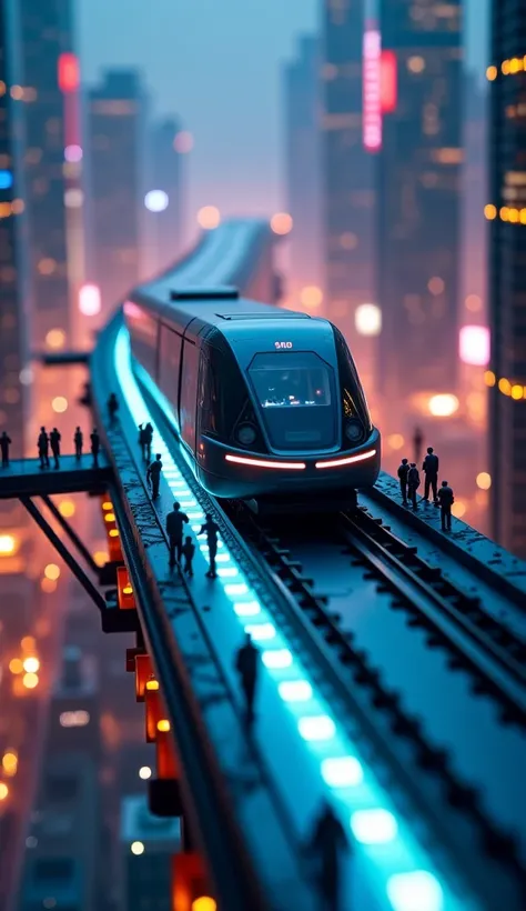 A highly detailed miniature futuristic city at night, featuring a sleek high-speed maglev train hovering over glowing tracks. The city skyline is illuminated with neon lights, and tiny workers in uniforms are maintaining the station. The scene has cinemati...