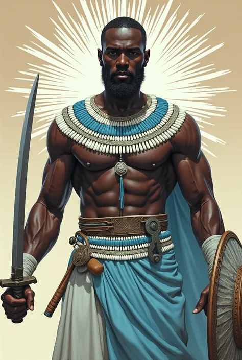  to create the image of a black warrior man, African style,  muscular,  wearing a light blue and white necklace,  with a sword bent in their right hand, with a rounded shield in his left hand, wearing a light blue and white outfit ,  with rays around him 