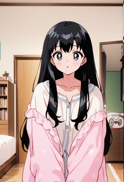  cute girl、 black hair、 long hair、Cute Nails、 loungewear、Cute room、 face up from the front 