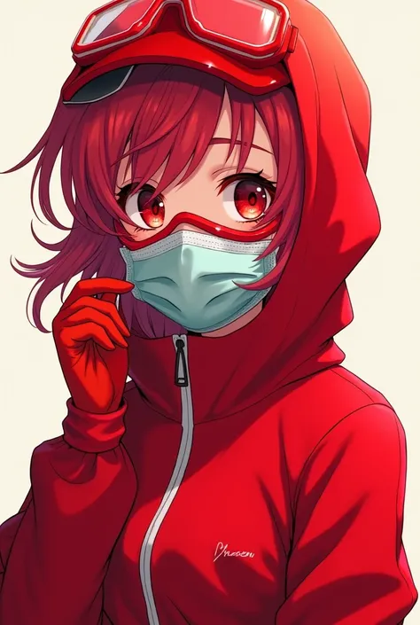 Bishojou anime girl with Crimson eyes and red hair  wearing a red tyvek suit a surgical mask red goggles and red latex gloves 