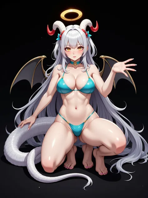 1girl, Solo, Long Hair, Chest, Gazer, Big Breasts, Closed Mouth, cleavage, Medium Breasts, Tail, Whole Body, Yellow Eyes, White Eyes, Horn, Wings, Barefoot, Palm, Halo, Nail, Lips, Makeup, Colored Skin, Glowing, Squatting, Devil Girl, Devil Horn, Black Bac...