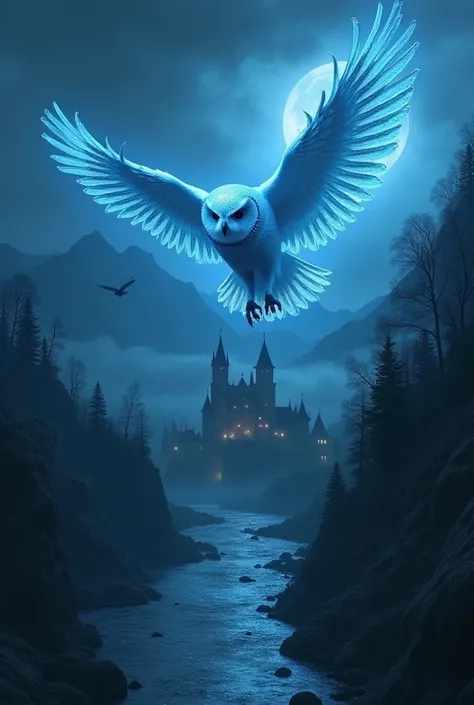  Owl with electric blue hair and bright white flying over a medieval town with a castle in the middle and mountains surrounding it medieval walls long with very long wings, 8K, Down river from town ,  at night,  Realistic, tall vampire men flying and chasi...