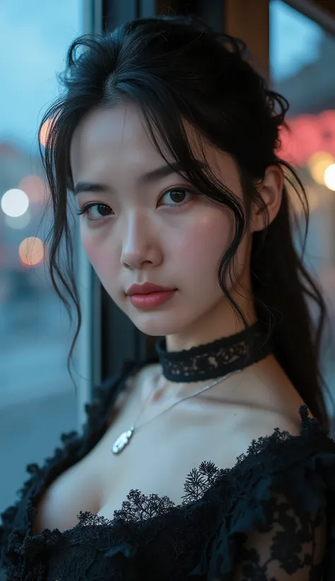 beautiful Korean idol, 1 girl in the best,  very detailed face, beautiful detailed eyes , lips with beautiful details, black hair , blue-white skin,tooth, elegant clothes, dramatic lighting,  Moody Atmosphere  , vibrant colors,Masterpiece, photorealistic, ...