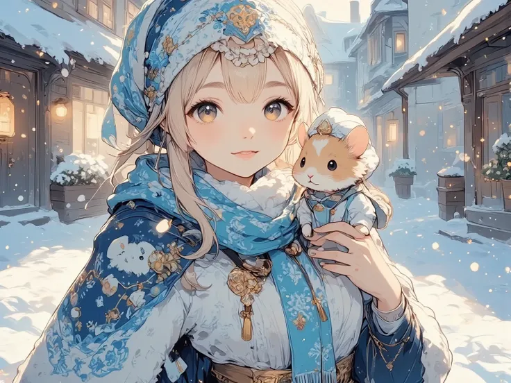 (A woman of ethereal beauty stands in a frozen courtyard, the elegance of her posture reminiscent of a poised duchess. Her ensemble is a masterpiece of winter fashion, draped in a cloak that merges hues of night sky blue with the purity of fresh snow. The ...