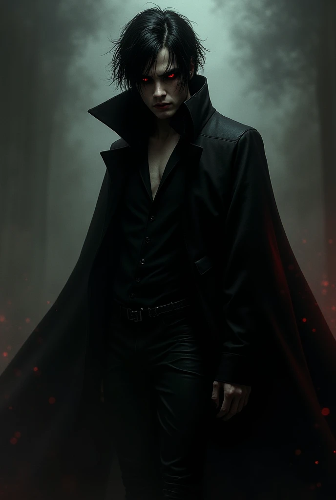 An assassin. Black hair red eyes. Has a slim body. psychopath. Wearing a cape. He is a man. 