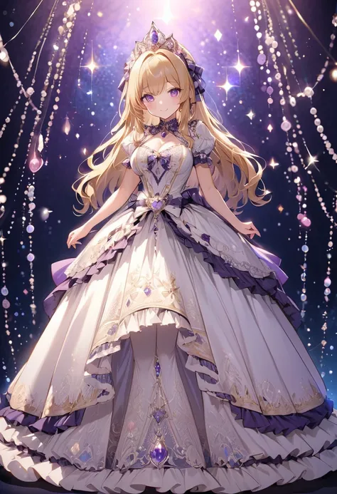 Blonde woman with purple eyes wearing a dark Lolita dress, A small smile, full body, A white dress adorned with magnificent pearls with a beautiful pattern, Sparkling dress, long hair, tall, big bust, diamond tiara, night light, very Sparkling dress