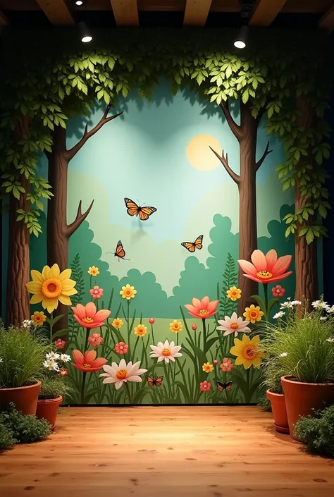  • Stage : 
Background panel with a garden landscape, including trees,  giant flowers and happy insects .
Butterflies hanging from the ceiling with nylon thread,  giving the impression that they are flying .
Side decoration with natural or artificial plant...