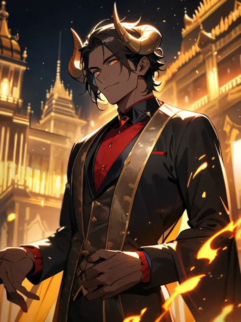 male character,good looking ,mature and handsome, solo, demon king, cool and firm look at viewer, fire spark effects, particles, royals, dark skin, short hair, demon horns, handsome, royal suits, golden palace, night time, High Resolution, Best Quality