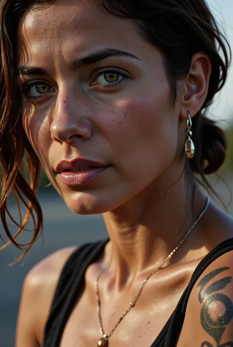 (30% Mexican, 35% Nigerian, 35% Somali) 65yo woman with green eyes. earrings, necklace, indian swirling tattoos, tuft of hair over eye, sad look down, head bent down. film grain dusty 3/4 candid paparazzi reporter photo. tilt angle. High quality photo. /[U...