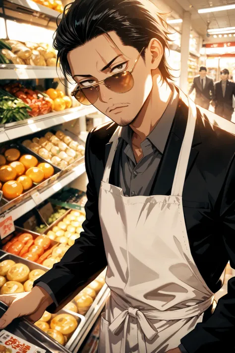 1boy,male,solo, tatsu (gokushufudou) ,gokushufudou,
apron,aviator sunglasses,black hair,black jacket,brown-tinted eyewear,facial hair,goatee,grey shirt,hair slicked back,head tilt ,jacket,long sleeves,looking at viewer,looking over eyewear,male focus,musta...