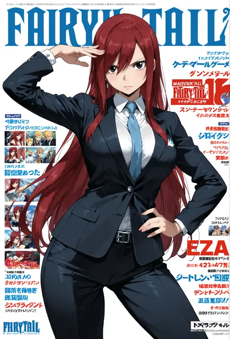 Erza_Scarlet, Fairy Tail ,suits,  tie, Chest,   Magazine Cover,  white background ,  pose ,  Masterpiece,  highest quality,   great quality,  detailed biography,  intricate details