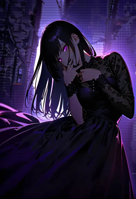 "A woman with long, flowing straight black hair and purple eyes, wearing a black Gothic lolita dress with a short cut. The dress is detailed with lace and frills, giving off an elegant yet mysterious vibe. Her long hair cascades down her back, framing her ...