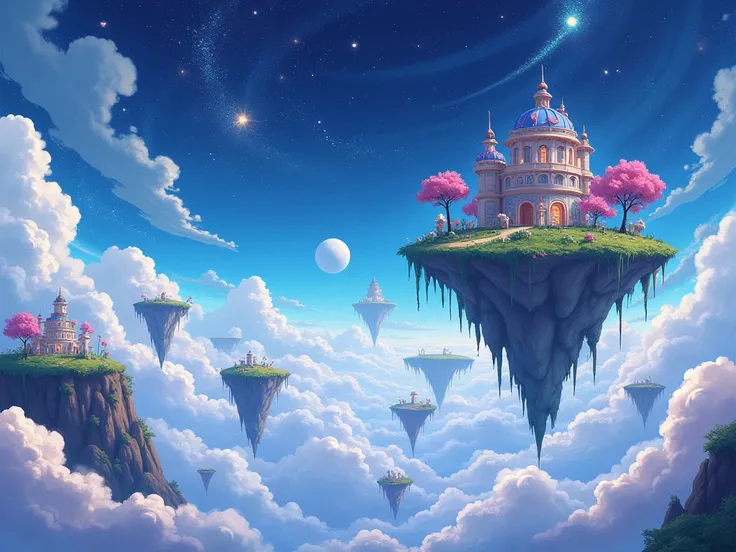 cosmic sky with flying islands in anime style lots of clouds 
