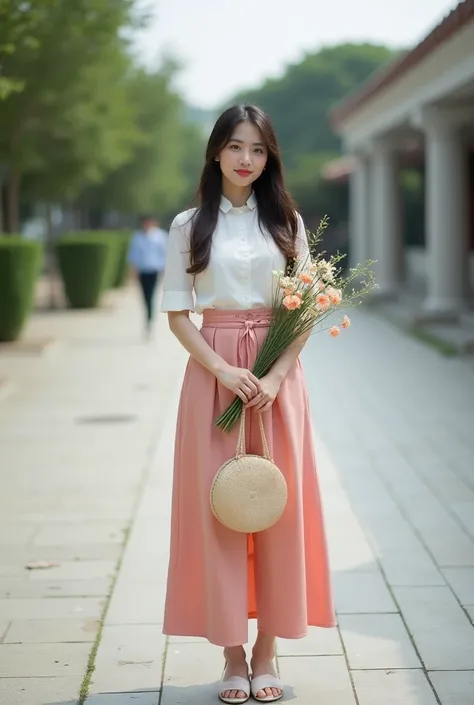  features a woman standing in a courtyard with a bag of flowers,   a photo inspired by Ni Yuanlu  , tumblr ,   ongoing  , dang my linh, student, Ao Dai,   ruan cute vtuber  , Mai Anh Tran, of a schoolgirl posing, photoshoot, Vietnamese woman , pose 1 in 1 ...