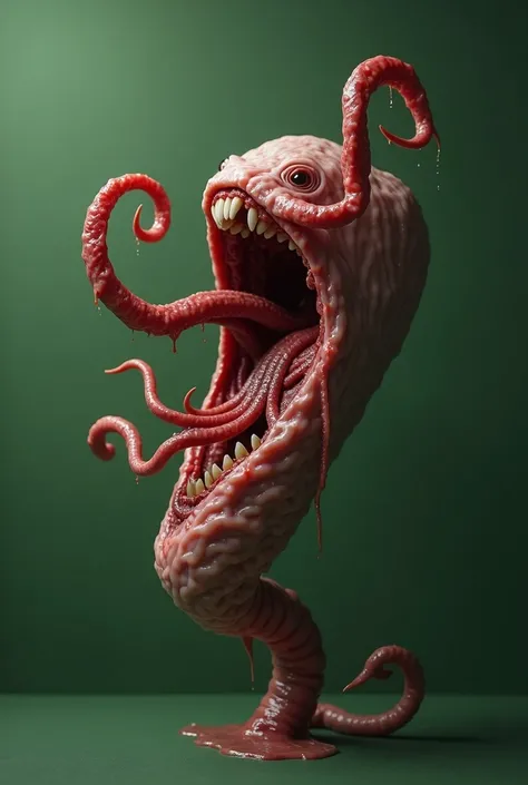 Totally uniform green background, Green for Croma Key. A small piece of meat stretches into an unpleasant, moist tentacle that opens a mouth, showing its human teeth and screaming..