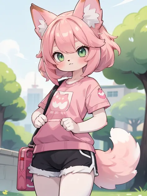 Anime girl with pink hair and green eyes wearing a pink shirt and black shorts, a character portrait by Shitao, pixiv, hairy art,  fox girl,  furry women's cute mini style, fox and bush, pink fox, stylized anime, Female Fursona,  cute fox plush smoke , cut...