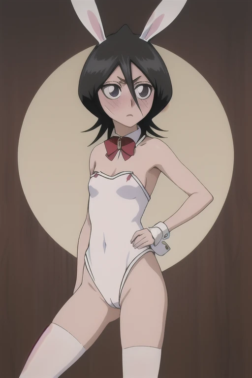  masterpiece,  highest quality , Cutchikirkia , Rukia Kuchiki, cabello corto,  Black hair ,  Hair Between Eyes,  rabbit ears , blush,  embarrassed penis , highly strung,  lines of motion ,  bunny costume 