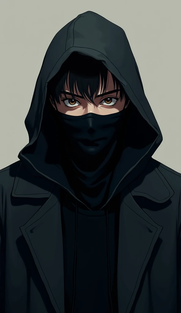 a mysterious 18 year old boy, wearing a black jacket with a black a facemask, with a hoodie on, facing front, animated.