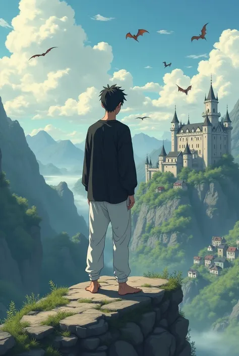 Create a man image two from anime wearing white sweatpants she loosely slips a black pressure shirt on top of a cliff during the day with the kingdom below he is watching just laughing and is on the back he has a big castle in the middle and several houses...