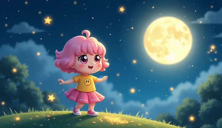 
Scene 1: "When the moon is shining bright"
Prompt: Chibi Mona stands on a grassy hill at night, her short, fluffy pastel pink hair glowing softly under the full moon's light. She gazes up at the sky with big, sparkling eyes, smiling happily. Her bright ye...