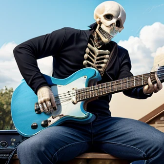  Black long-sleeved wind playing guitar and a skeleton in black jeans