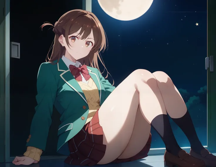 stares at the viewer, Alone, Chizuru Ichinose, 1 girl completely naked, brown hair, long hair, French Braid , brown eyes, School, green jacket, yellow sweater , bow tie,  plaid skirt, red skirt,  black socks, In a completely dark room, locker,  window_,Mi...
