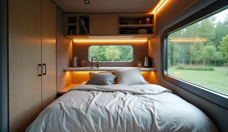 "The interior of a modern audi motorhome with a unique space-saving design. A low-profile bed sits beneath a compact, elevated kitchen area. The bed is cozy and inviting, featuring soft neutral-colored bedding and ambient under-bed lighting. Above the bed,...