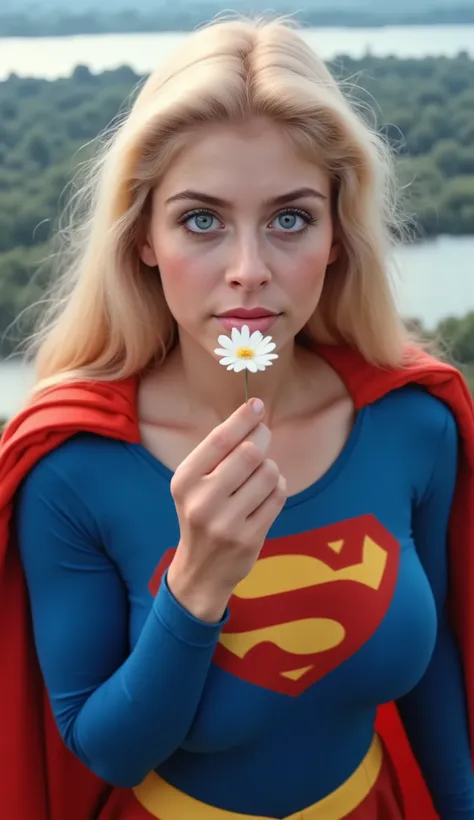 GRACEFULLY SOARING HIGH ABOVE THE CITY HOLDING A FLOWER UP TO HER NOSE AND SMELLING IT. HELEN SLATER. BLUE EYES BLONDE HAIR (SUPERGIRL) A VERY SEXY AND MUSCULAR YOUNG FEMALE NAMED ABIGAIL AS SUPERGIRL WITH BLUE EYES AND LONG HAIR, WEARING A SUPERGIRL COSTU...