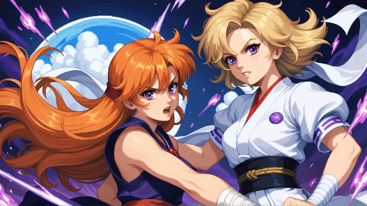 "Two female warriors in the 90s pixel art style, inspired by fighting games like MUGEN. The character on the left has long blonde hair, intense purple eyes and wears a white kimono with a brown sash, with bandages on her wrists. The character on the right ...