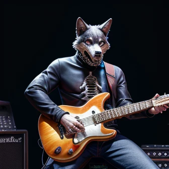   guitar black long-sleeved wind and a skeleton in black jeans、The vocalist is a wolf 