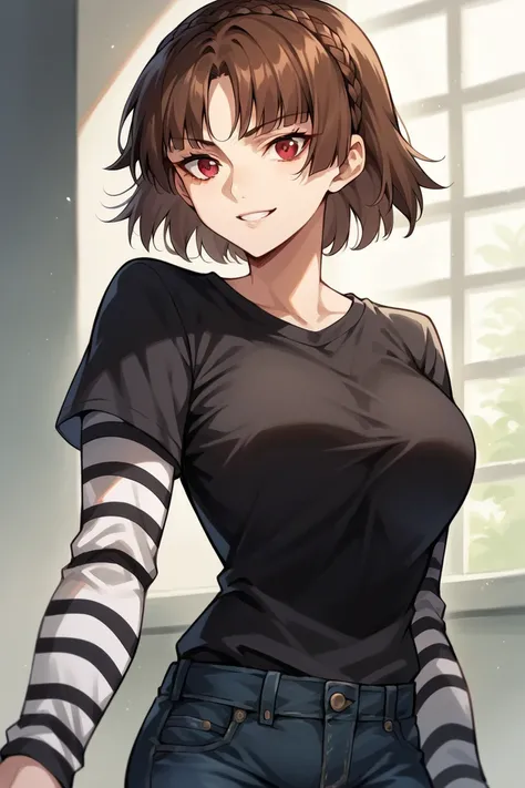 1 girl, solo, black short sleeve t-shirt, layered sleeves, white long sleeves, jeans, Makoto Niijima, brown hair, red eyes, crown braid, black t-shirt over white long sleeves, large breasts, confident smile, striped sleeves, black short sleeve over long sl...