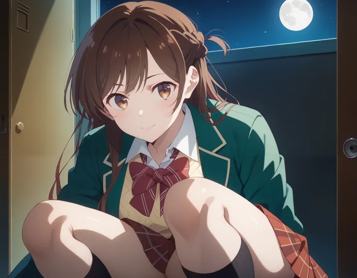  stares at the viewer, Alone, Chizuru Ichinose, 1 girl completely naked, brown hair, long hair, French Braid , brown eyes, School, green jacket, yellow sweater , bow tie,  plaid skirt, red skirt,  black socks, In a completely dark room, locker,  window_,Mi...