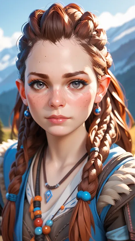 I want Loli anime dressed as the character from the video game Horizon Zero Dawn but a sexy and provocative version with black hair pigtails freckles on her face gray eyes with makeup